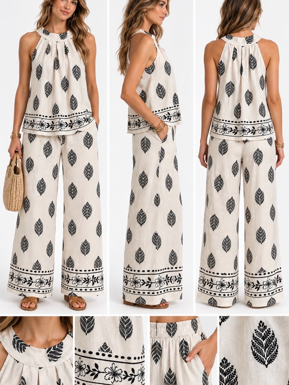 AZ Women’s lightweight pant set in Cream with Black Leaf Print